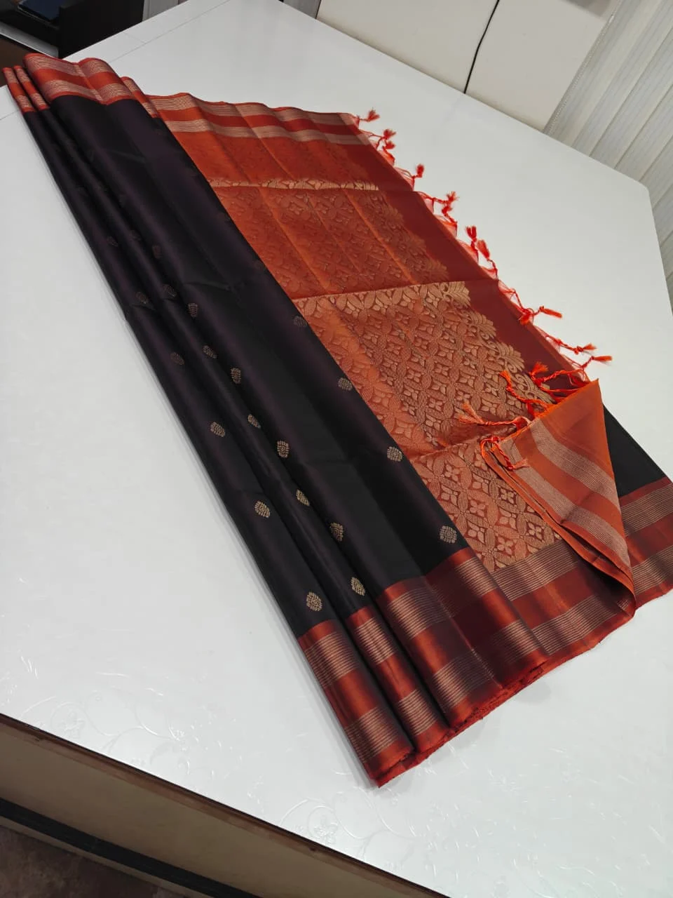 Coffee Brown and Rust Orange Soft Silk with Small Flower Butta and Stripe Border Saree